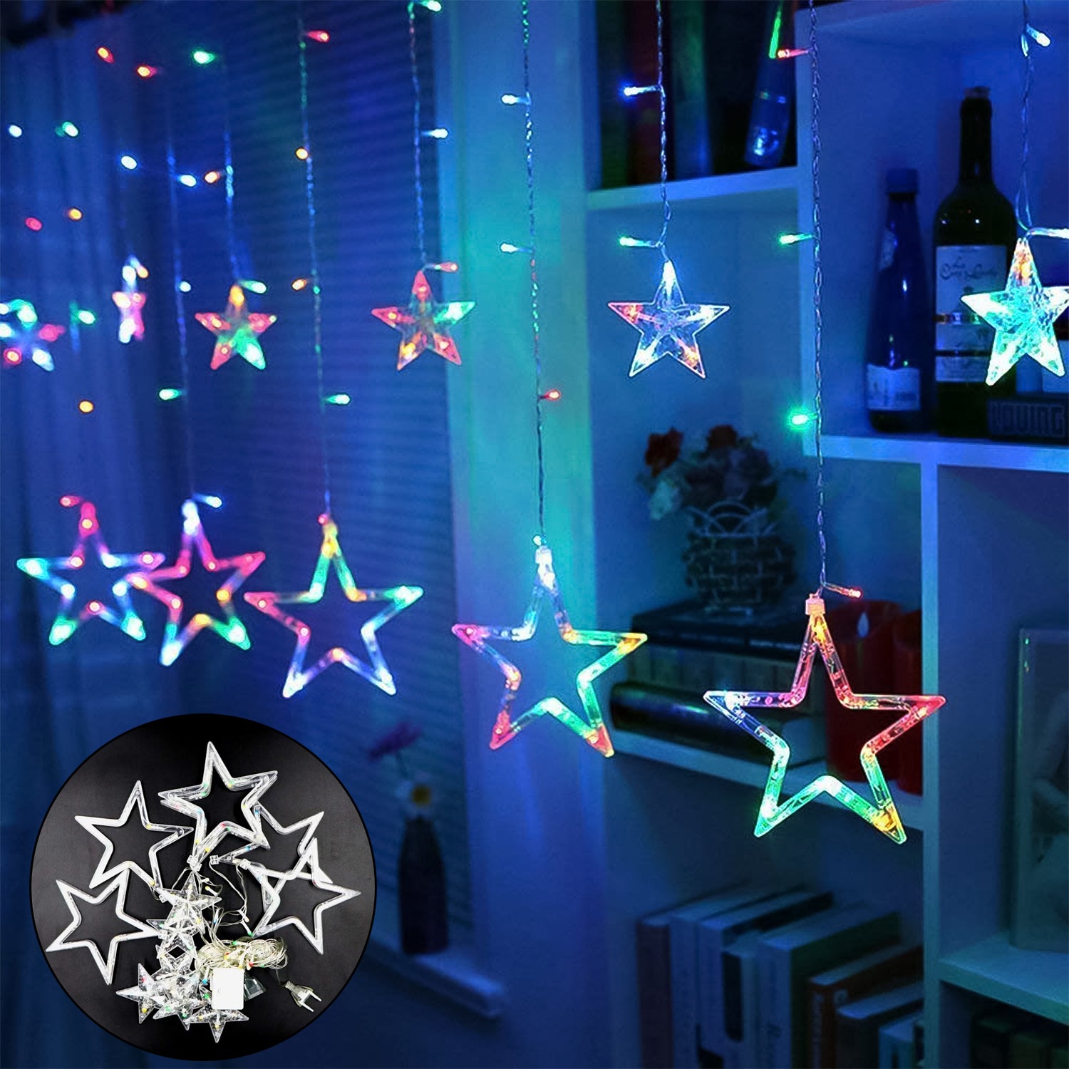 3386 12 Stars Led Curtain String Lights With 8 Flashing Modes For Home Decoration Diwali  Wedding Led Christmas Light Indoor And Outdoor Light Festival Decoration (Multicolor)