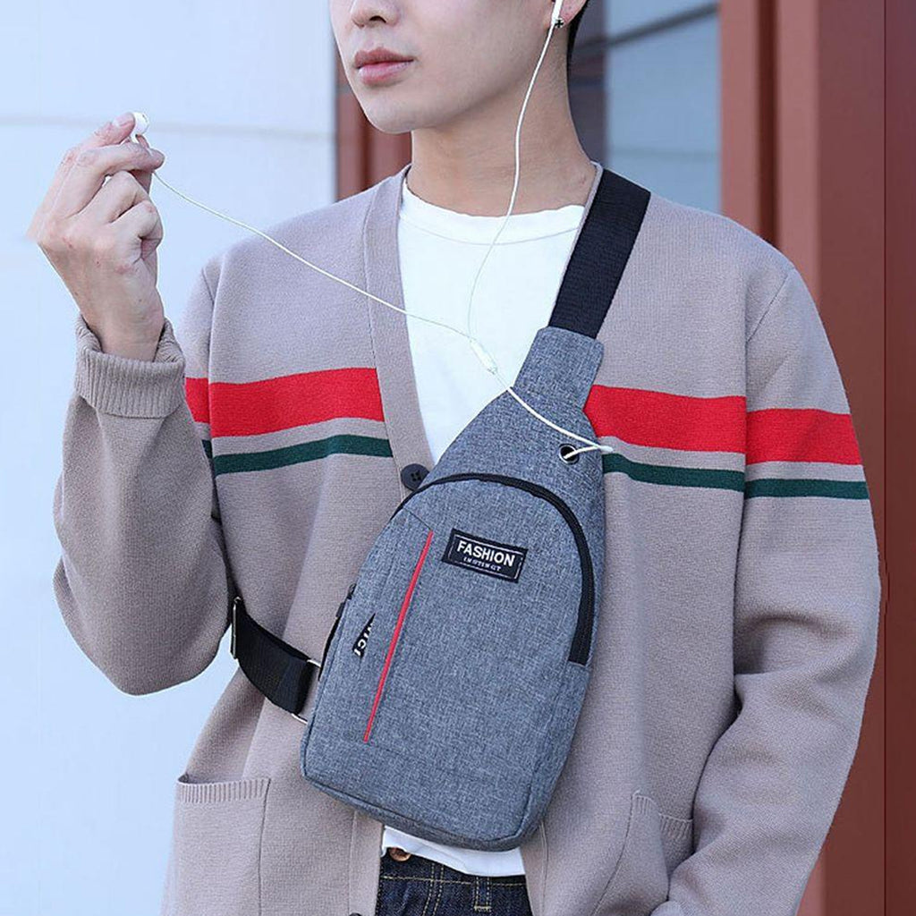 Grey PU Leather Waterproof Anti-Theft Sling Bag – Crossbody, Waist, or Shoulder Pack for Men with USB Charging and Earphone Hook, Ideal for Casual and Travel Use.