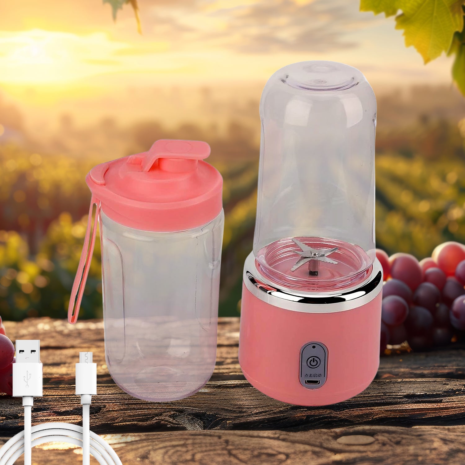 Small, on-the-go blender with attached water bottle and cup (set of 2).