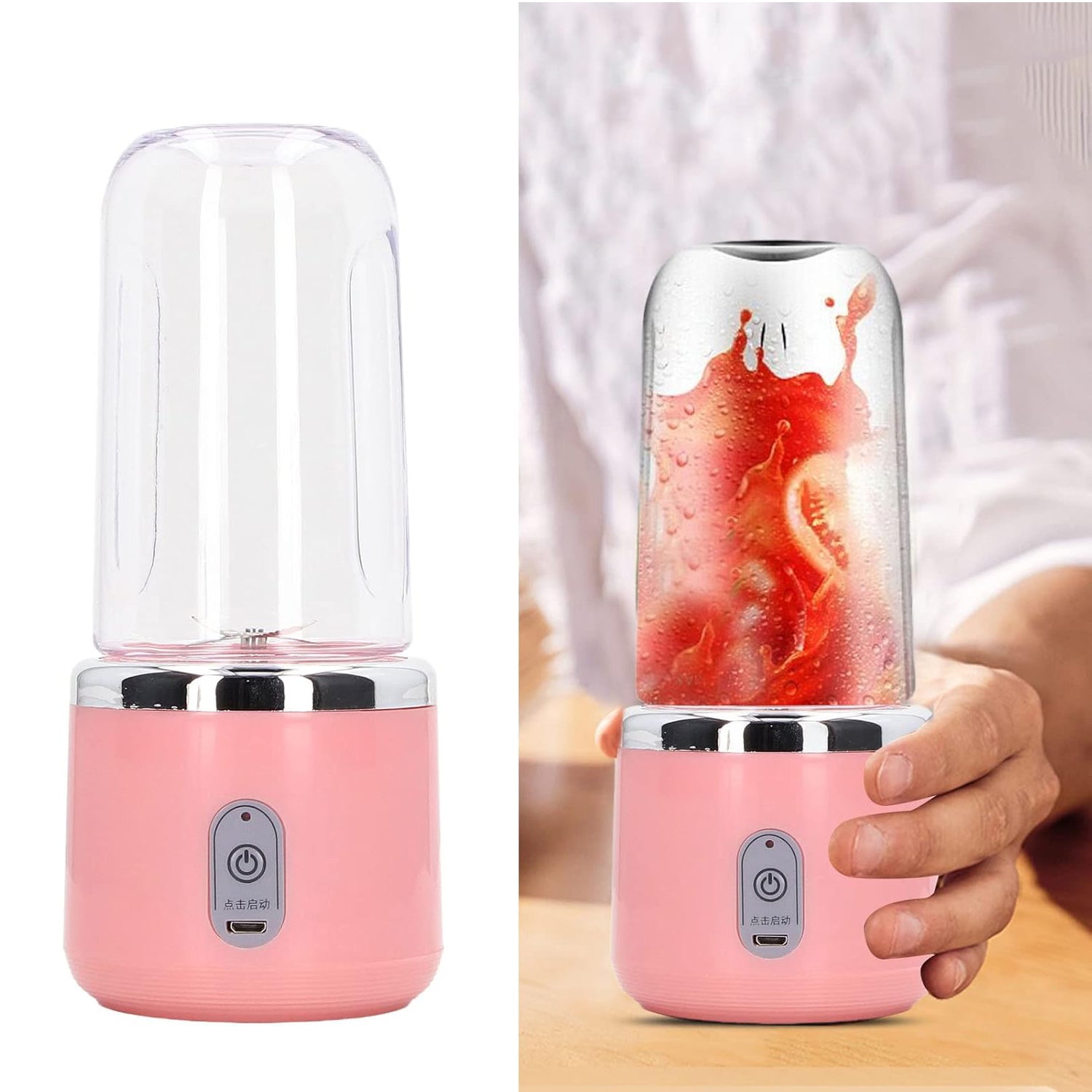 Small, on-the-go blender with attached water bottle and cup (set of 2).
