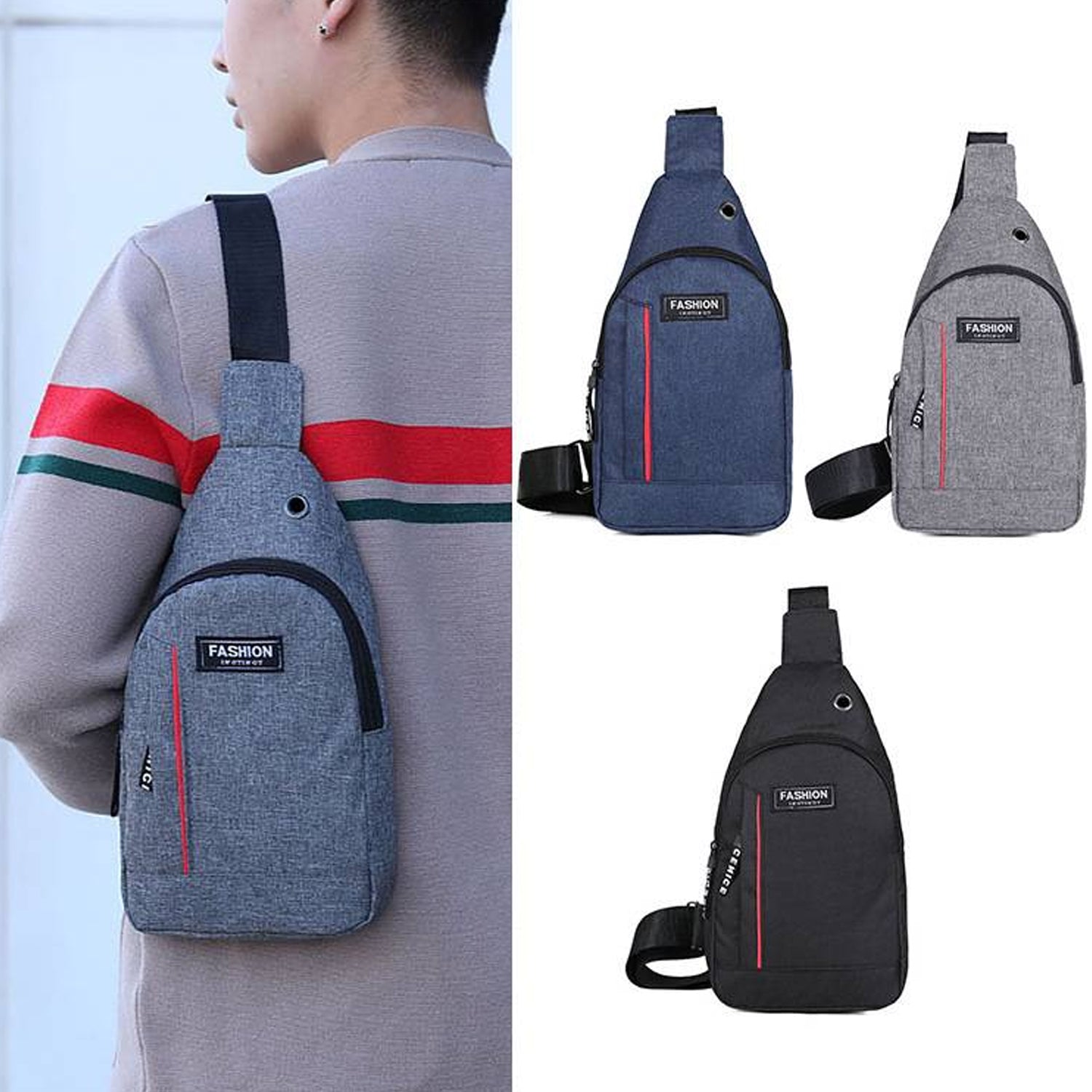 Grey PU Leather Waterproof Anti-Theft Sling Bag – Crossbody, Waist, or Shoulder Pack for Men with USB Charging and Earphone Hook, Ideal for Casual and Travel Use.