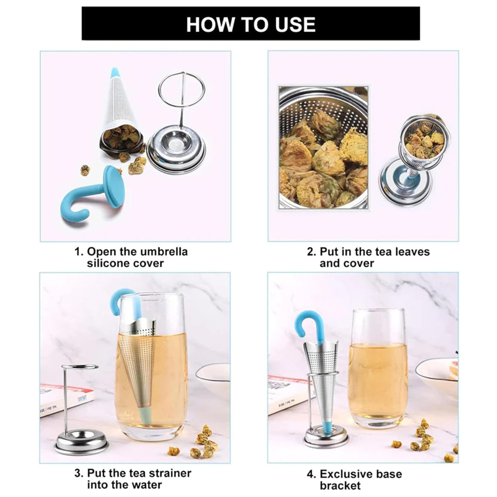 Cute Umbrella Tea Strainer Set with Tray and Holder, Reusable (1 Piece)
